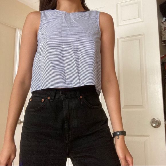 Club Monaco Tops - Club Monaco Cropped Striped + Buttoned Back